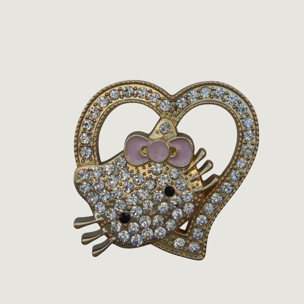 Hello Kitty Rhinestone Heart Brooch Gold Tone Pink Bow Pin Kawaii Y2K